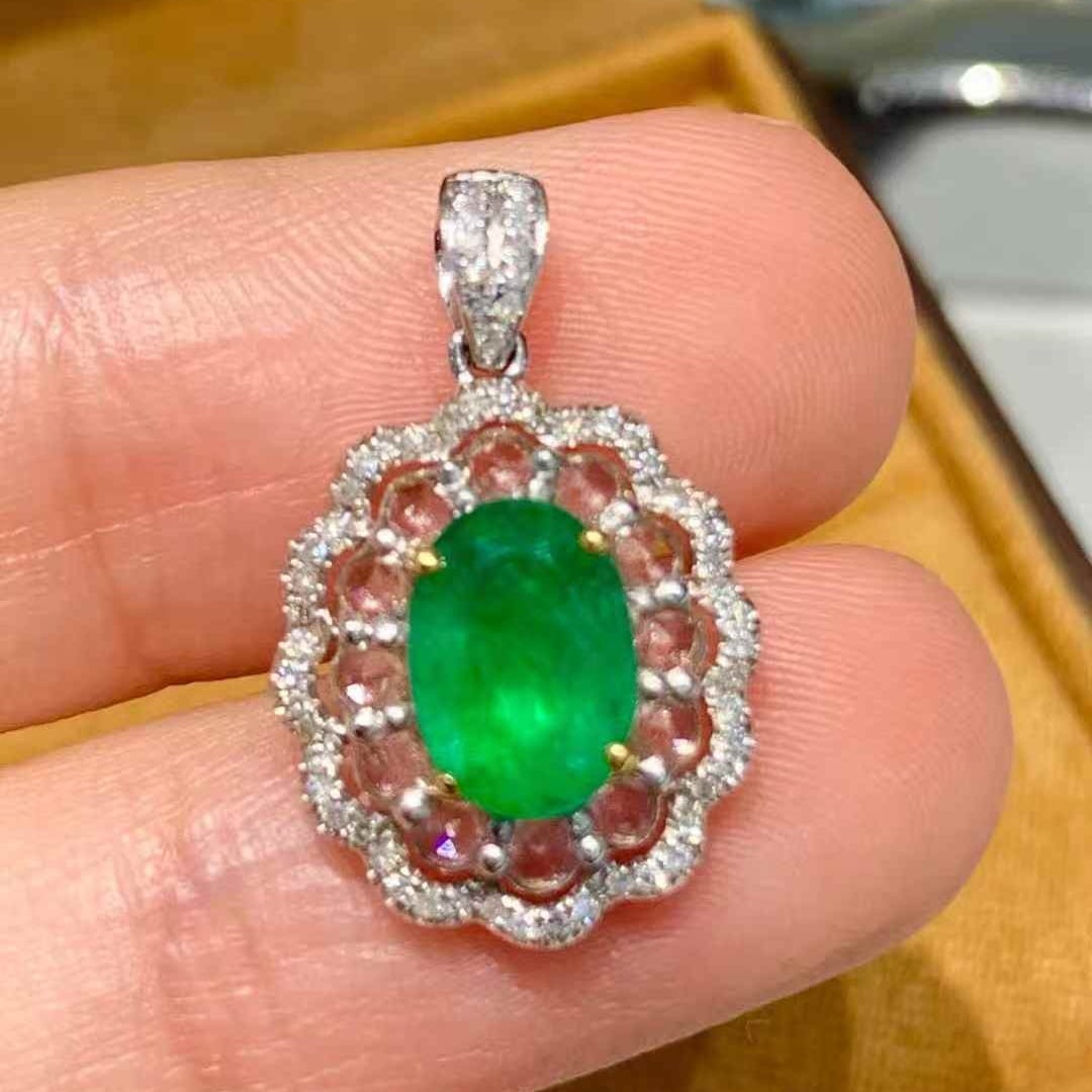 14k Gold 1.1 Ct Natural Emerald & Sapphire & Diamond Pendant( Without Chain ) - 2