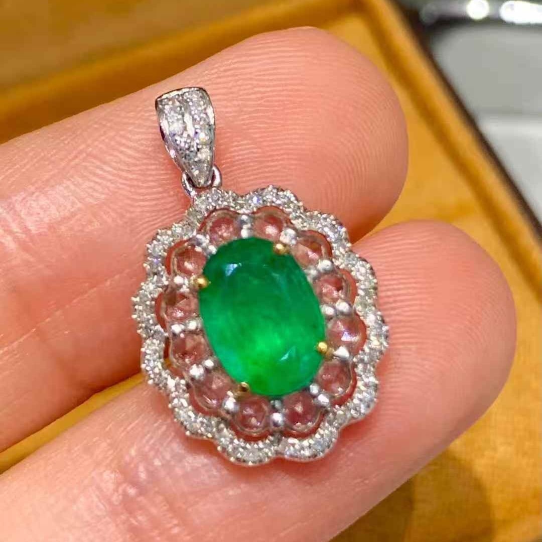 14k Gold 1.1 Ct Natural Emerald & Sapphire & Diamond Pendant( Without Chain ) - 3