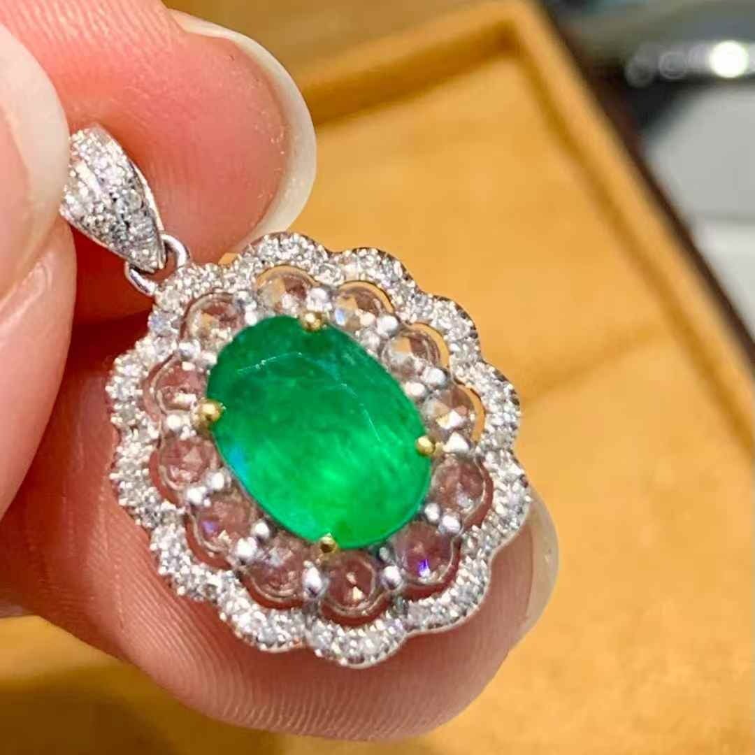 14k Gold 1.1 Ct Natural Emerald & Sapphire & Diamond Pendant( Without Chain ) - 4