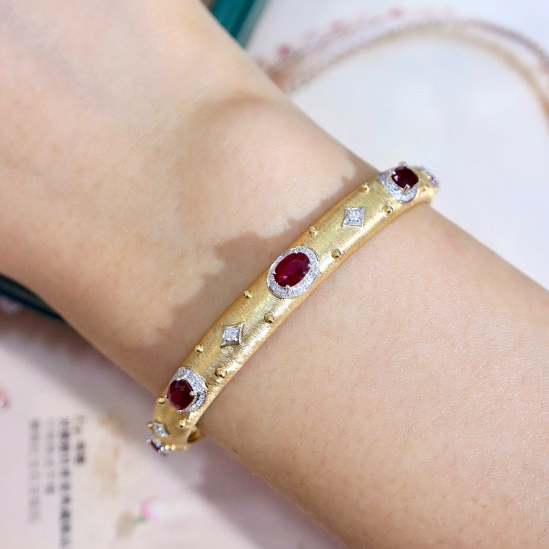 14k Gold 3.55 Ctw Natural Ruby & Diamond Bangle - 4