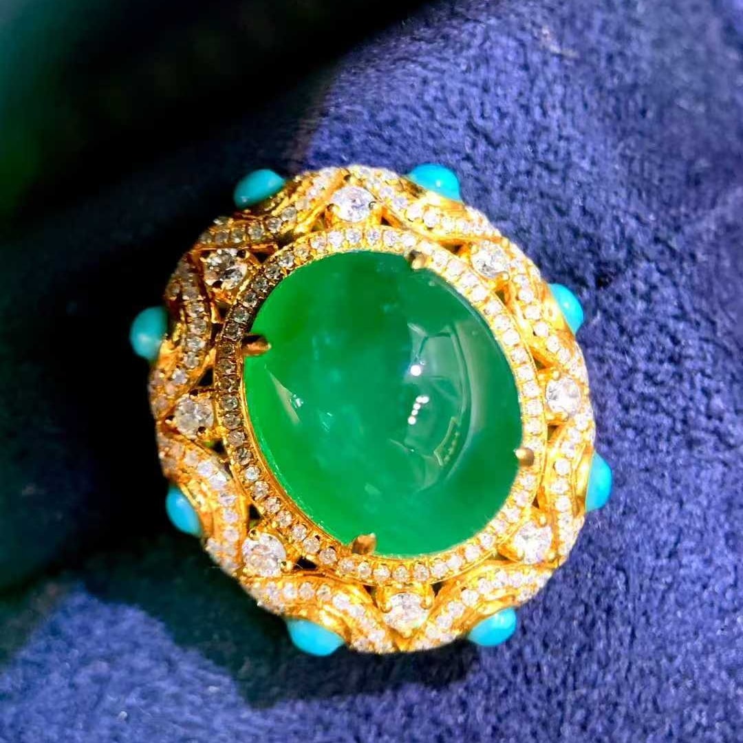 14k Gold 7.9 Ct Vivid Green Natural Emerald & Diamond Ring - 6