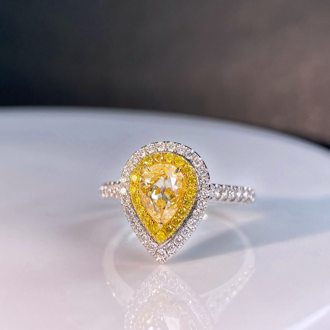 14k Gold 1.4 Ctw Natural Yellow Diamond & Diamond Ring: Ref:231045115 // gold content:14k gold // ring size:7. 25us // // main gemstone:yellow diamond // shape:pear // carat weight:1ct // color:yellow // treatment:natural // // adjacent gemstone 2 :