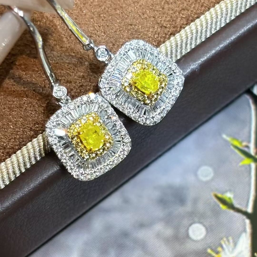 14k Gold 0.9 Ctw Natural Yellow Diamond & Diamond Earrings - 4