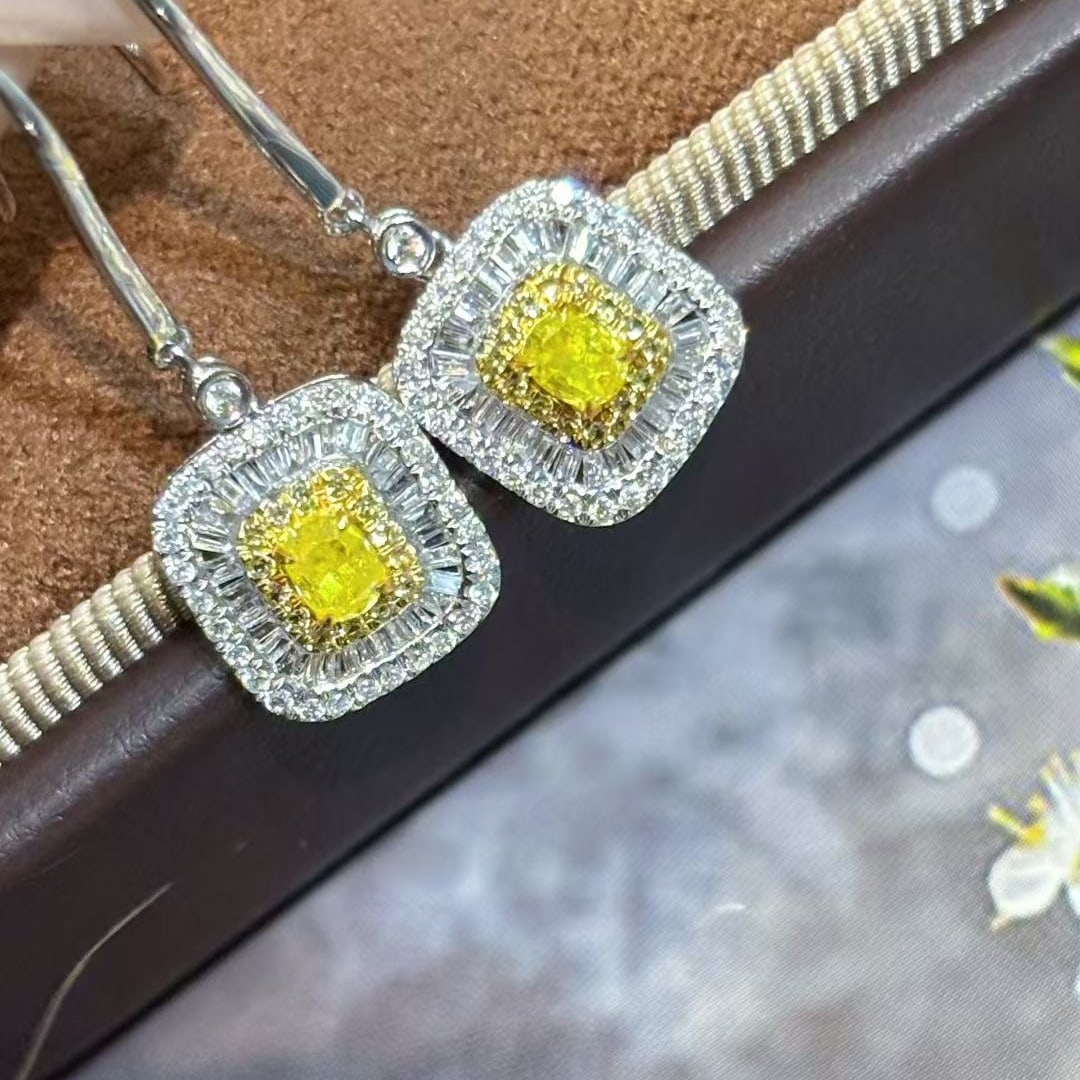14k Gold 0.9 Ctw Natural Yellow Diamond & Diamond Earrings - 5