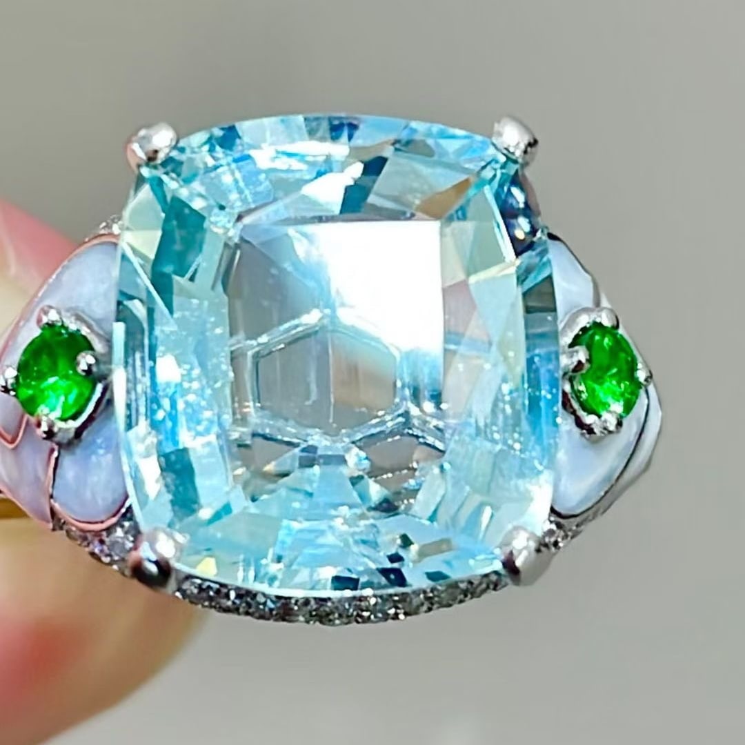 14k Gold 6.5 Ct Natural Aquamarine & Tsavorite & Pearl Shell Ring - 2