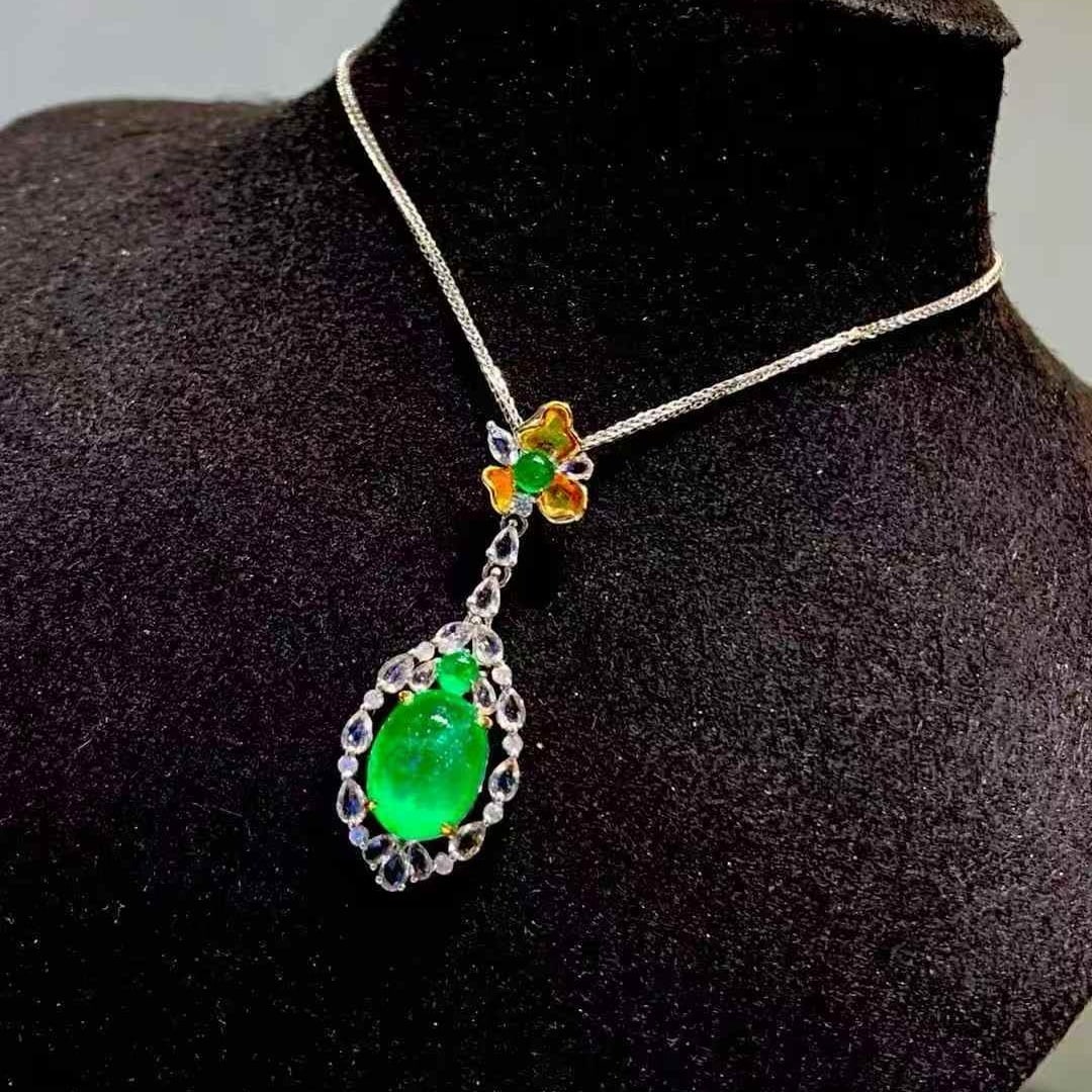 14k Gold 2.7 Ct Vivid Green Natural Emerald & Diamond & Coloured Gemstone Pendant( Without Chain ) - 3