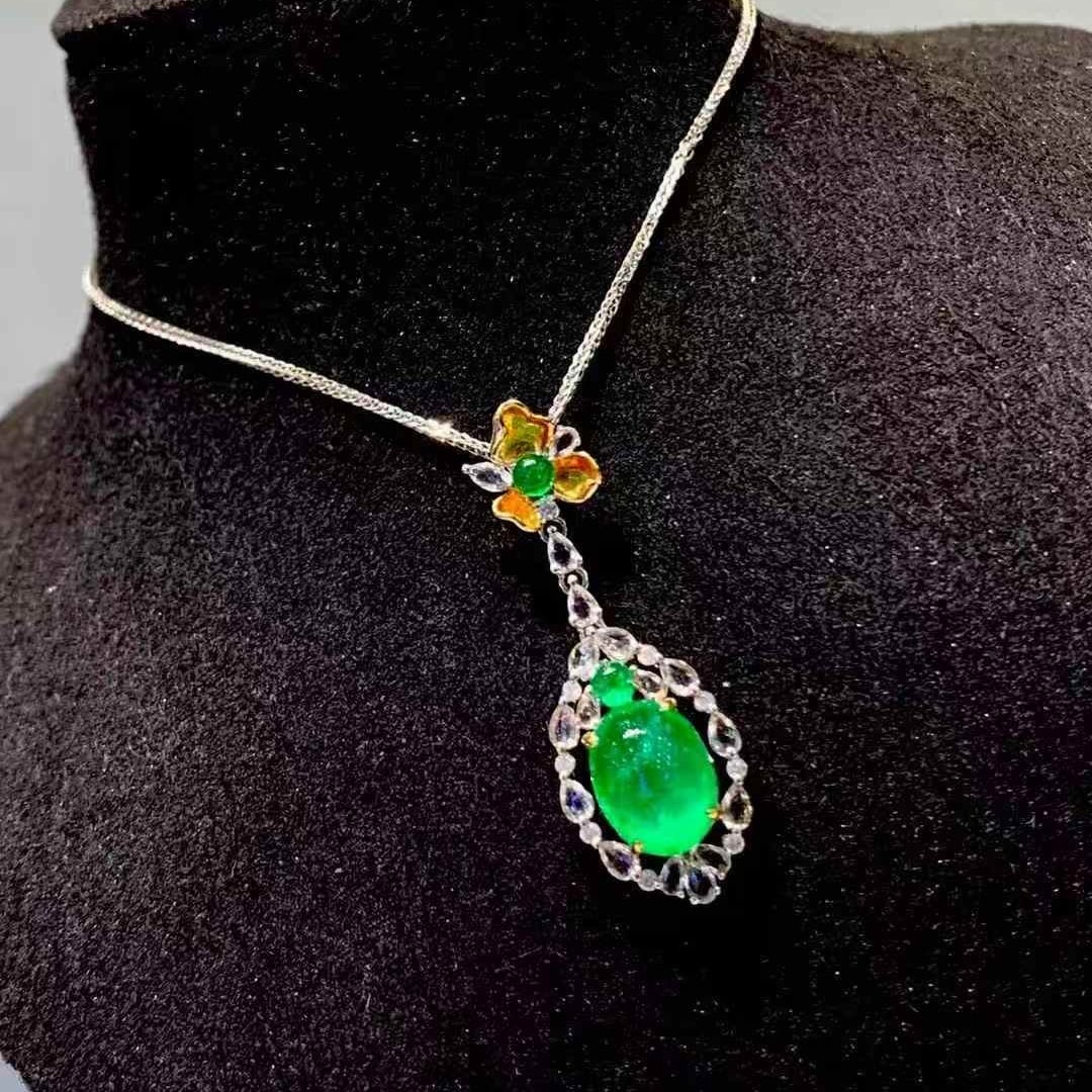 14k Gold 2.7 Ct Vivid Green Natural Emerald & Diamond & Coloured Gemstone Pendant( Without Chain ) - 4