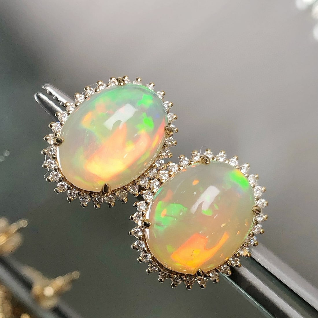 14k Gold 4.47 Ctw Natural Opal & Diamond Earrings - 2