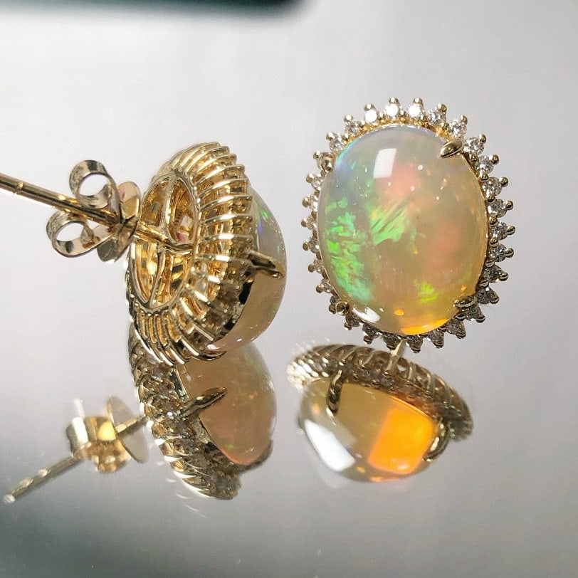 14k Gold 4.47 Ctw Natural Opal & Diamond Earrings - 4