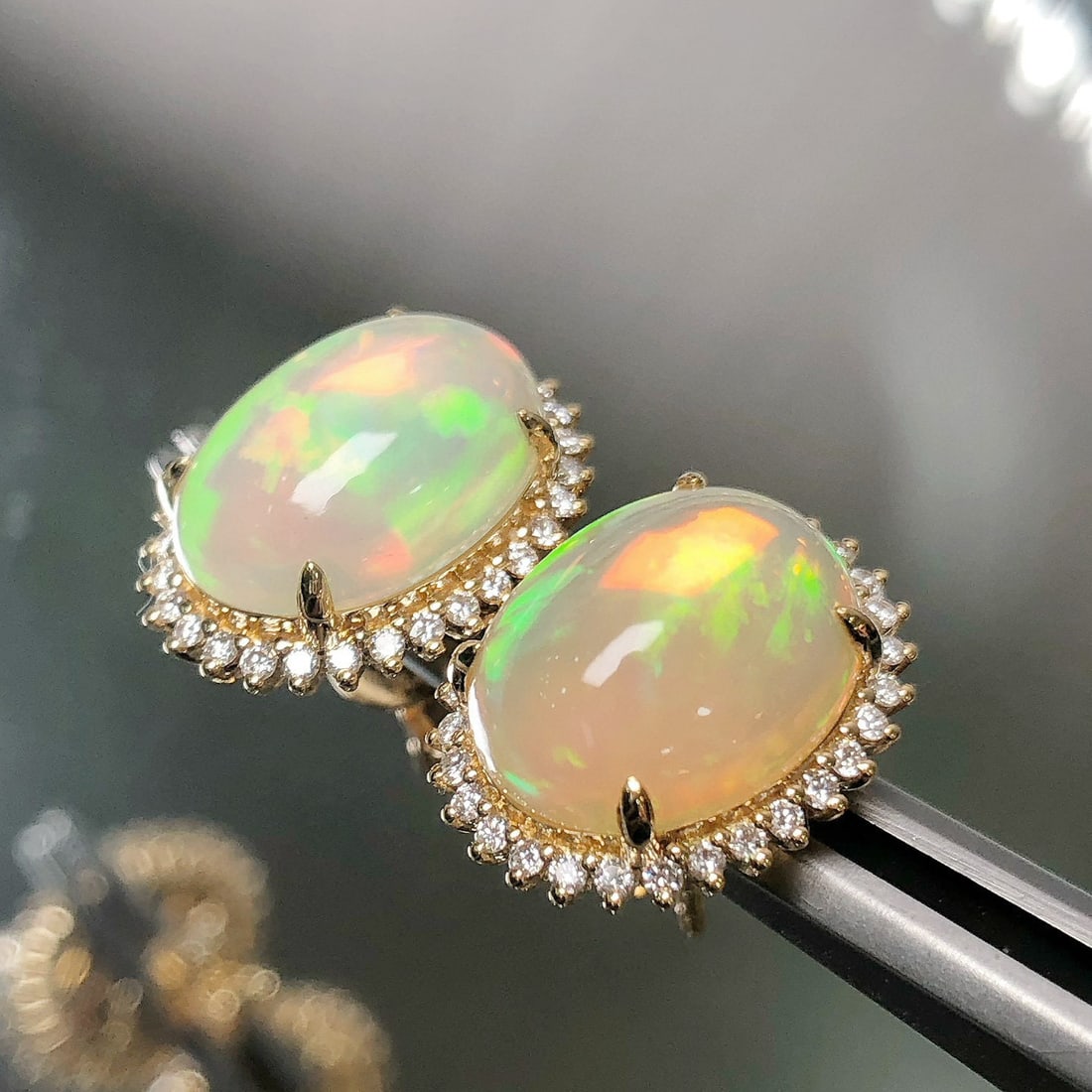 14k Gold 4.47 Ctw Natural Opal & Diamond Earrings - 5