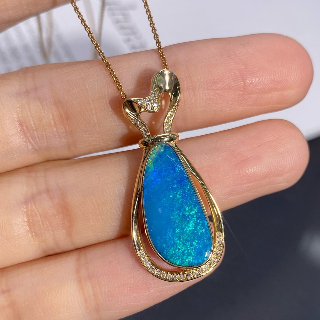 14k Gold 4.23 Ctw Natural Opal & Diamond Pendant( Without Chain ) - 2
