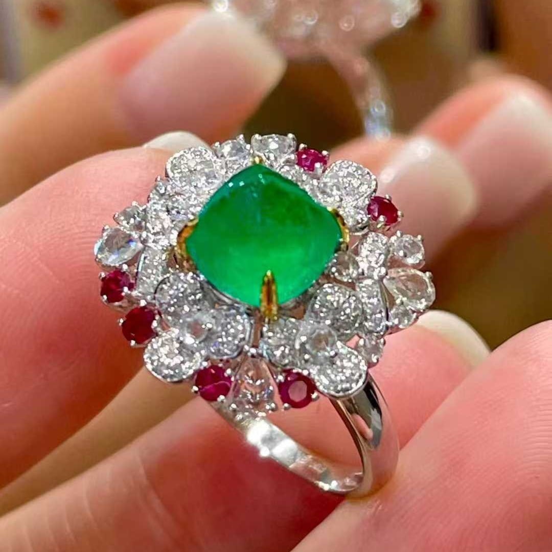 14k Gold 2.5 Ct Natural Emerald & Diamond & Coloured Gemstone Ring - 2