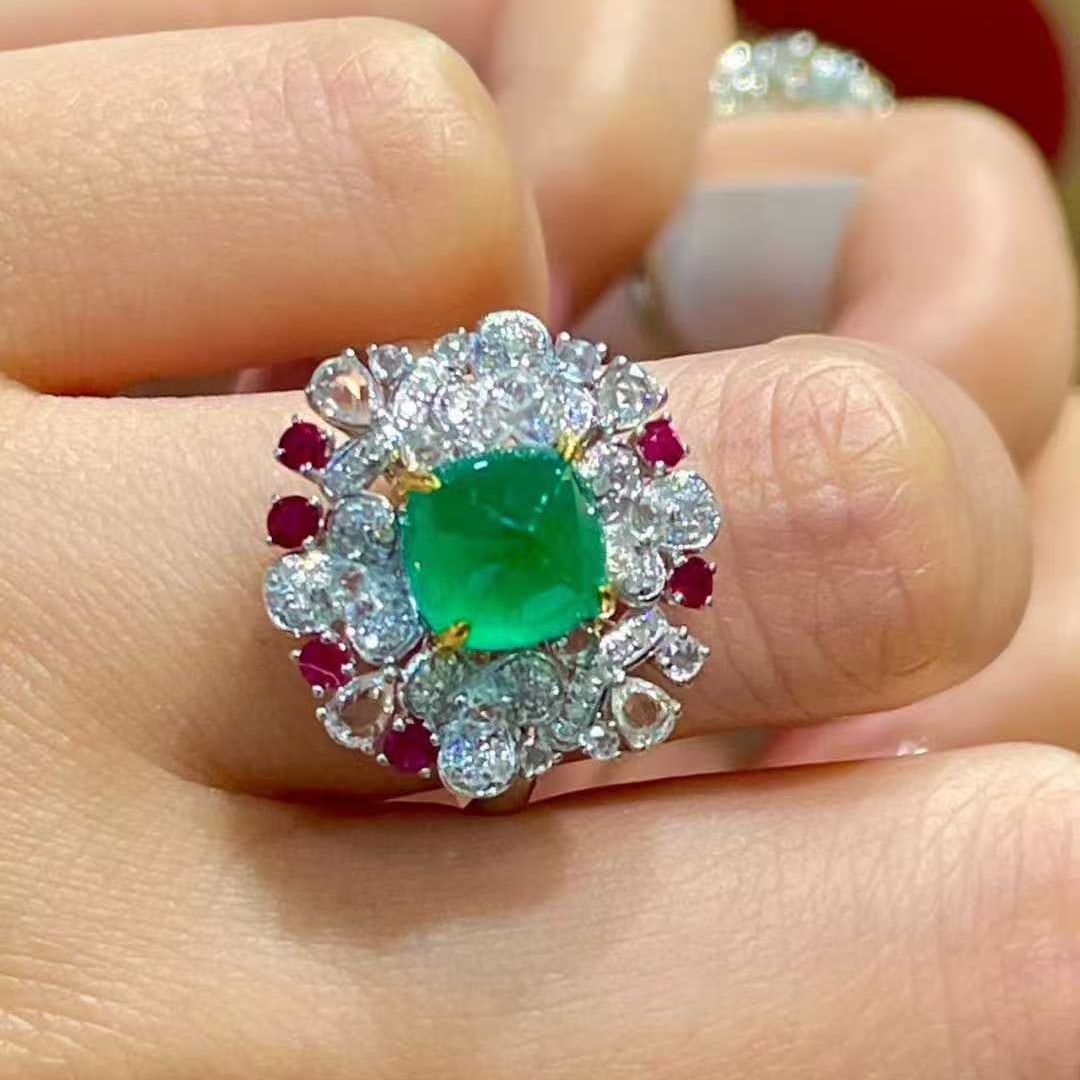 14k Gold 2.5 Ct Natural Emerald & Diamond & Coloured Gemstone Ring - 3