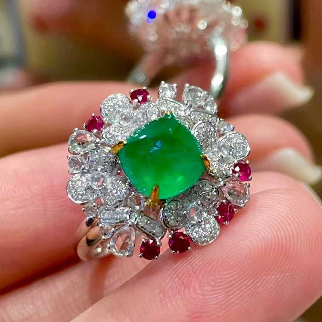 14k Gold 2.5 Ct Natural Emerald & Diamond & Coloured Gemstone Ring - 4