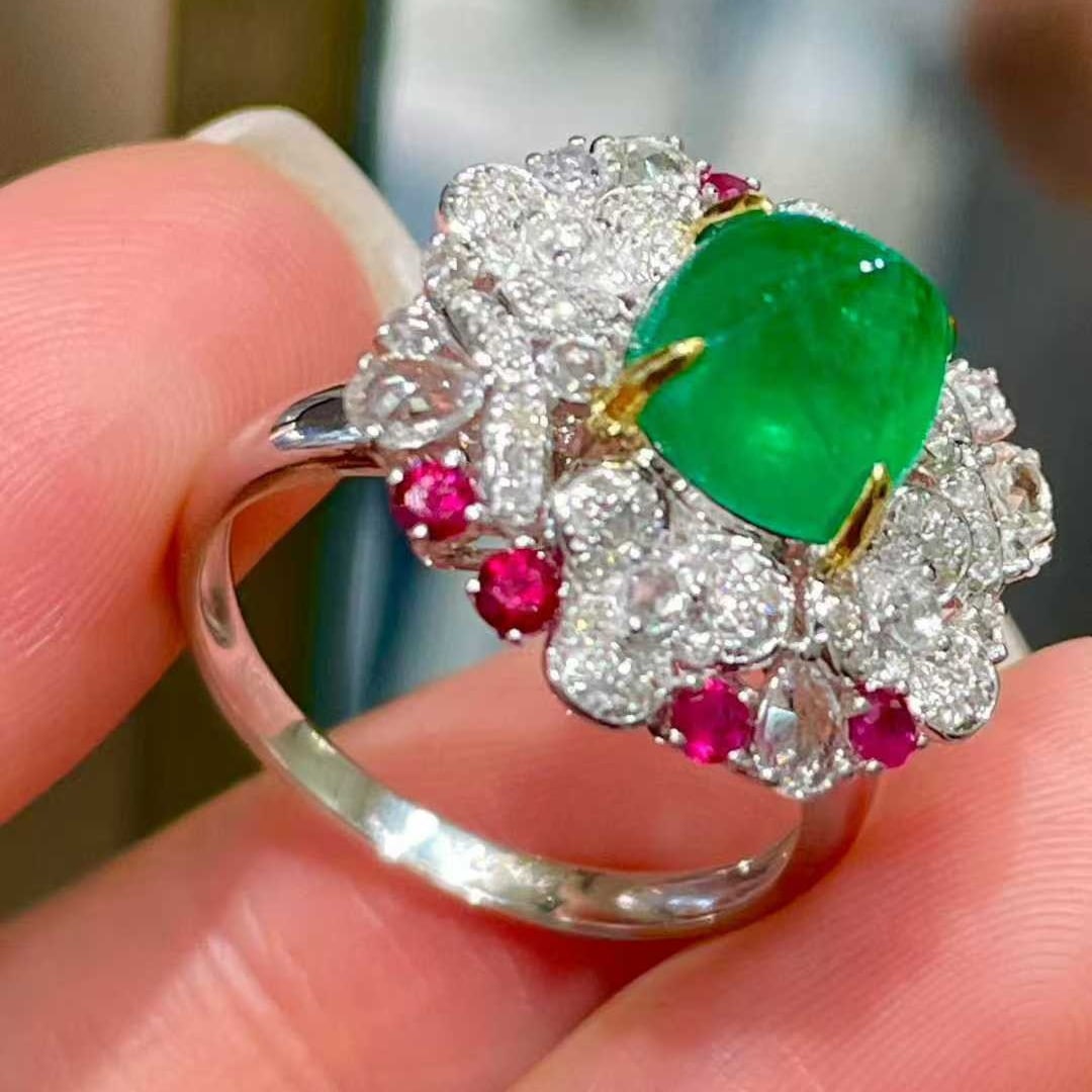 14k Gold 2.5 Ct Natural Emerald & Diamond & Coloured Gemstone Ring - 5