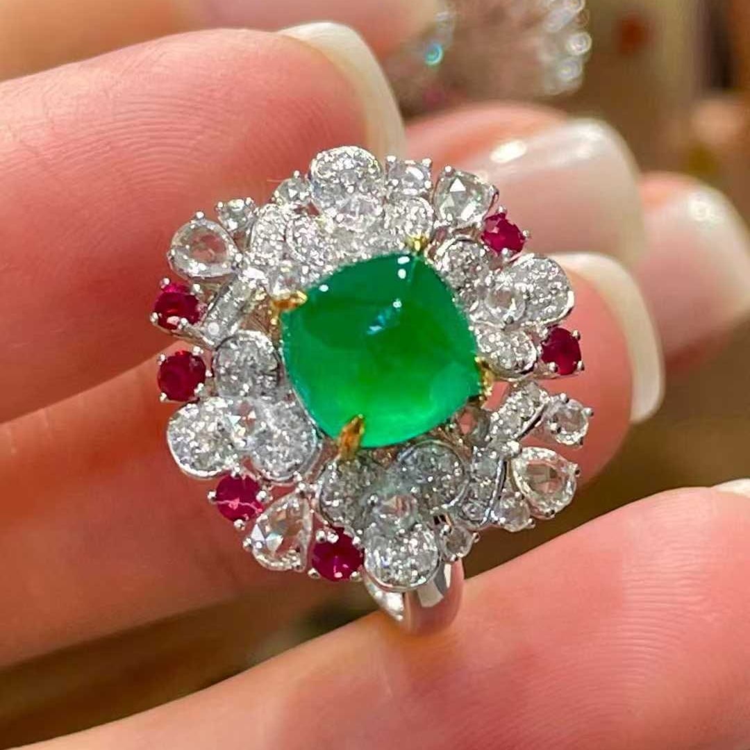 14k Gold 2.5 Ct Natural Emerald & Diamond & Coloured Gemstone Ring - 6