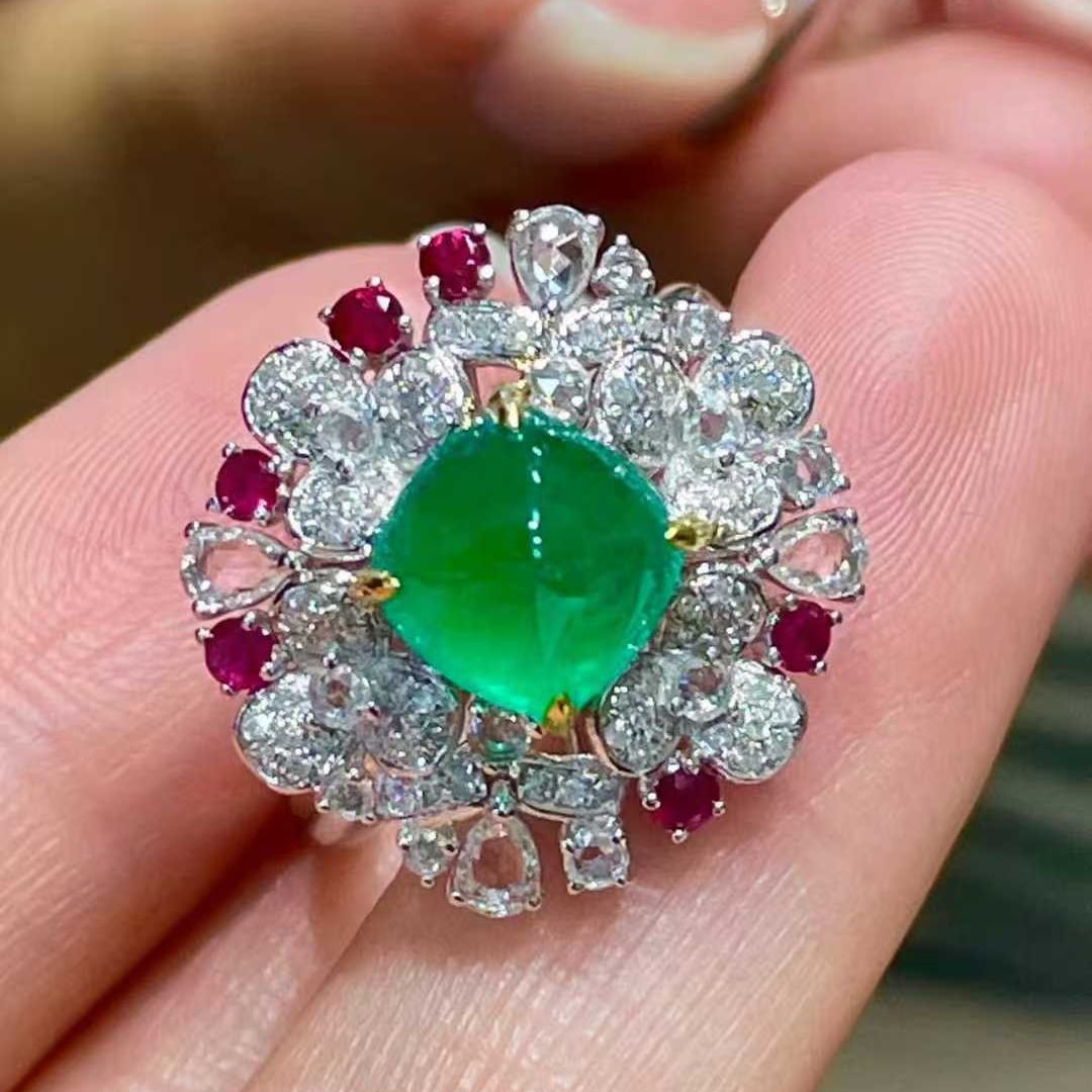 14k Gold 2.5 Ct Natural Emerald & Diamond & Coloured Gemstone Ring - 7