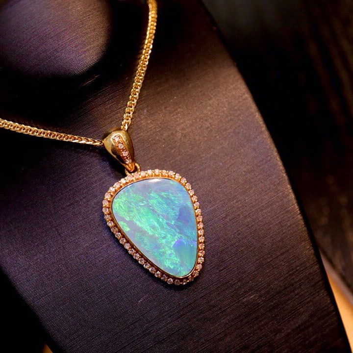 14k Gold 4.07 Ct Natural Opal & Diamond Pendant( Without Chain ) - 2