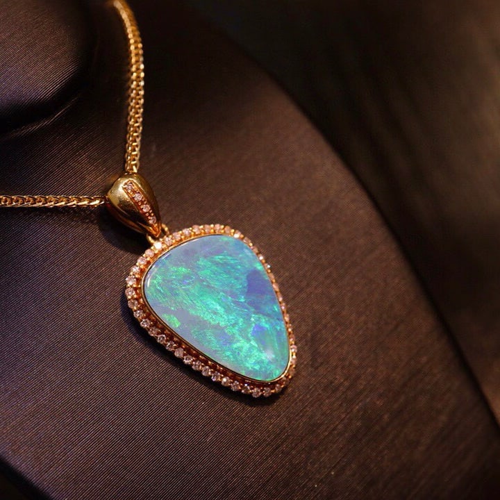 14k Gold 4.07 Ct Natural Opal & Diamond Pendant( Without Chain ) - 4