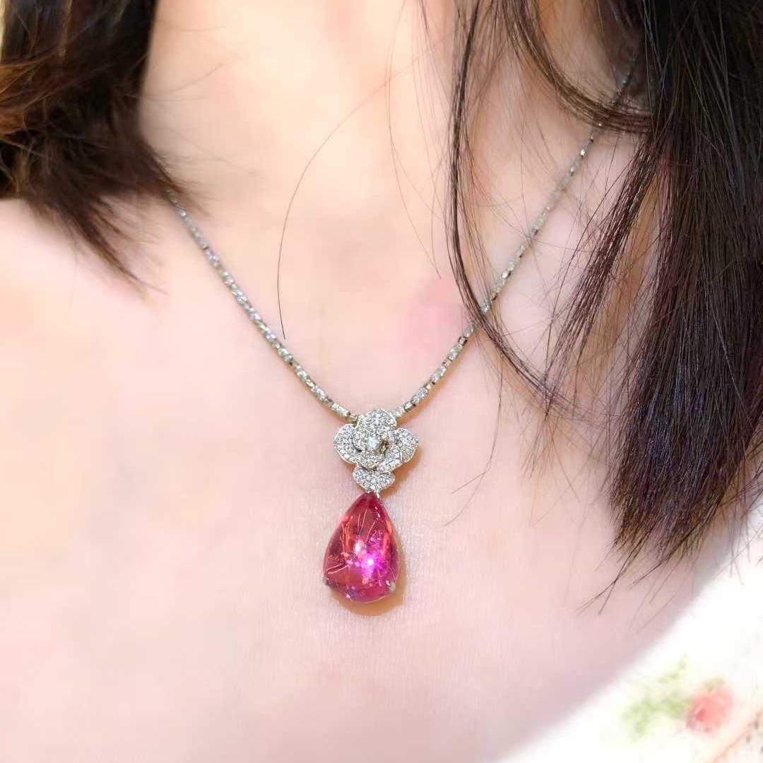 14k Gold 6.8 Ct Natural Tourmaline & Diamond Pendant( Without Chain ) - 3