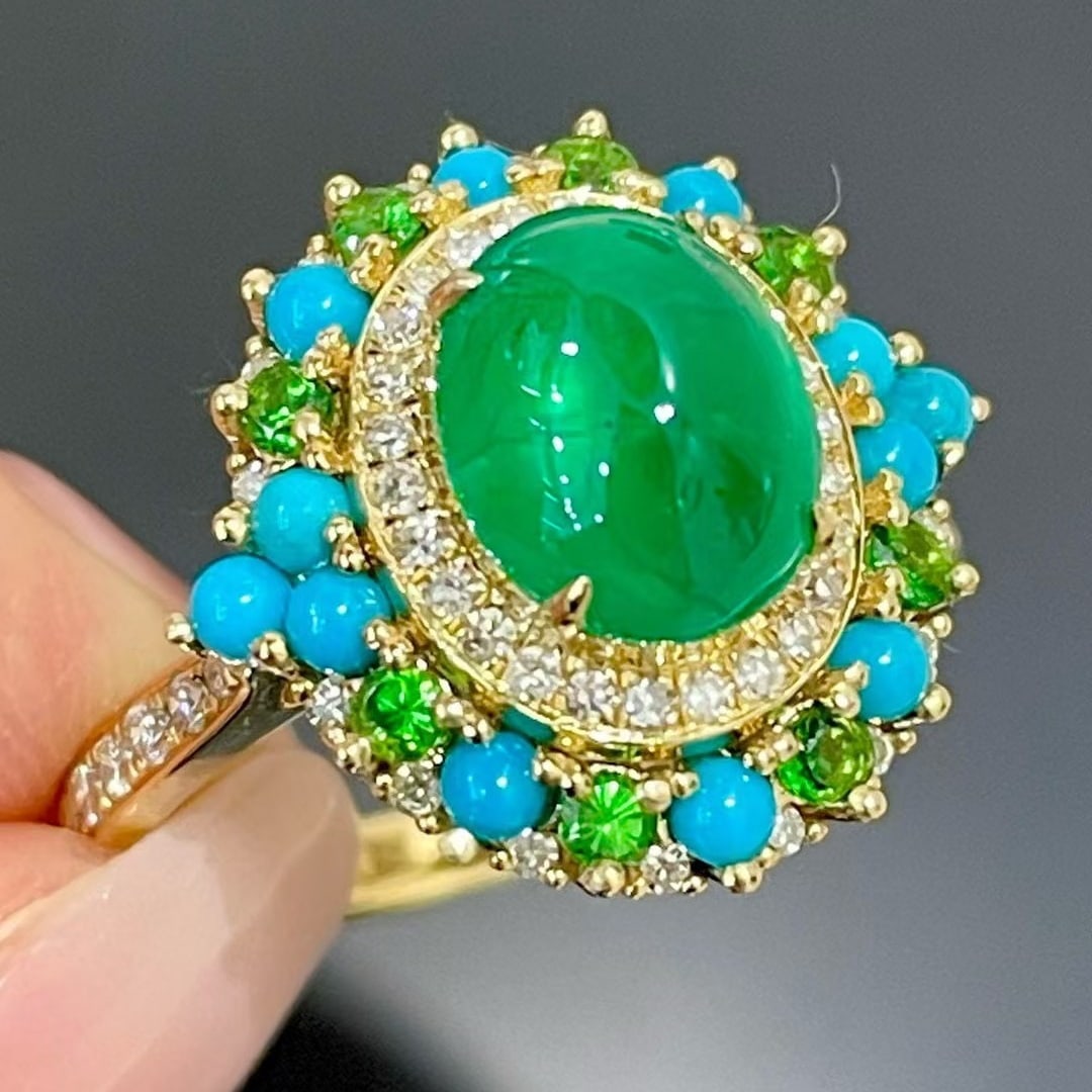 14k Gold 2.05 Ct Natural Emerald & Diamond & Tsavorite & Turquoise Ring - 2