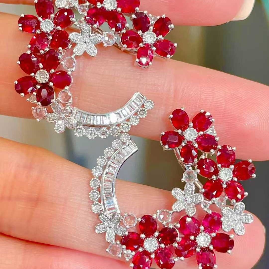14k Gold 7 Ct Natural Ruby & Diamond & Sapphire Earrings: Ref:231045218 // gold content:14k gold // main gemstone:ruby // shape:oval // carat weight:7ct // color:red // treatment:natural // // adjacent gemstone 2 : diamond // shape:multiply // clarity