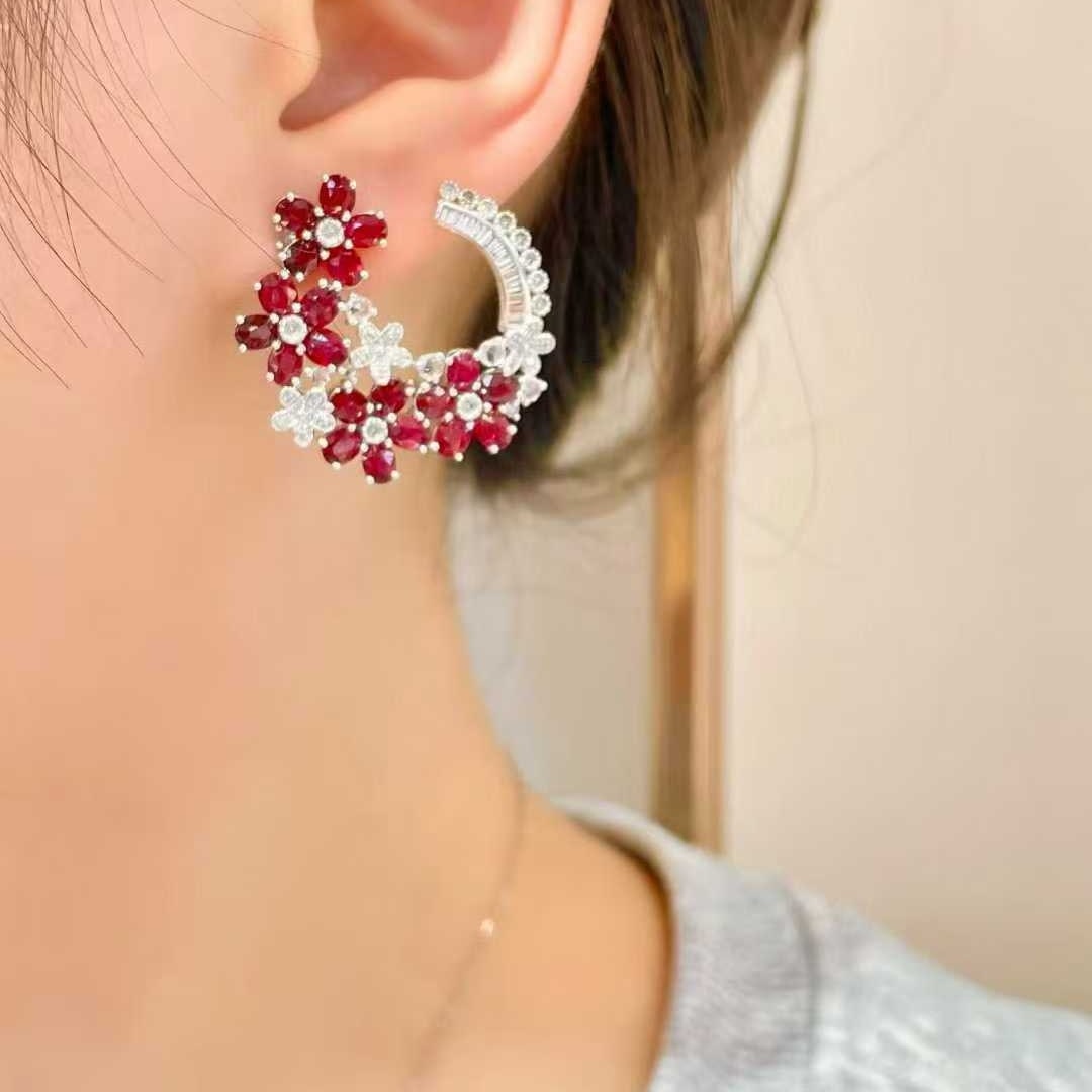14k Gold 7 Ct Natural Ruby & Diamond & Sapphire Earrings - 5
