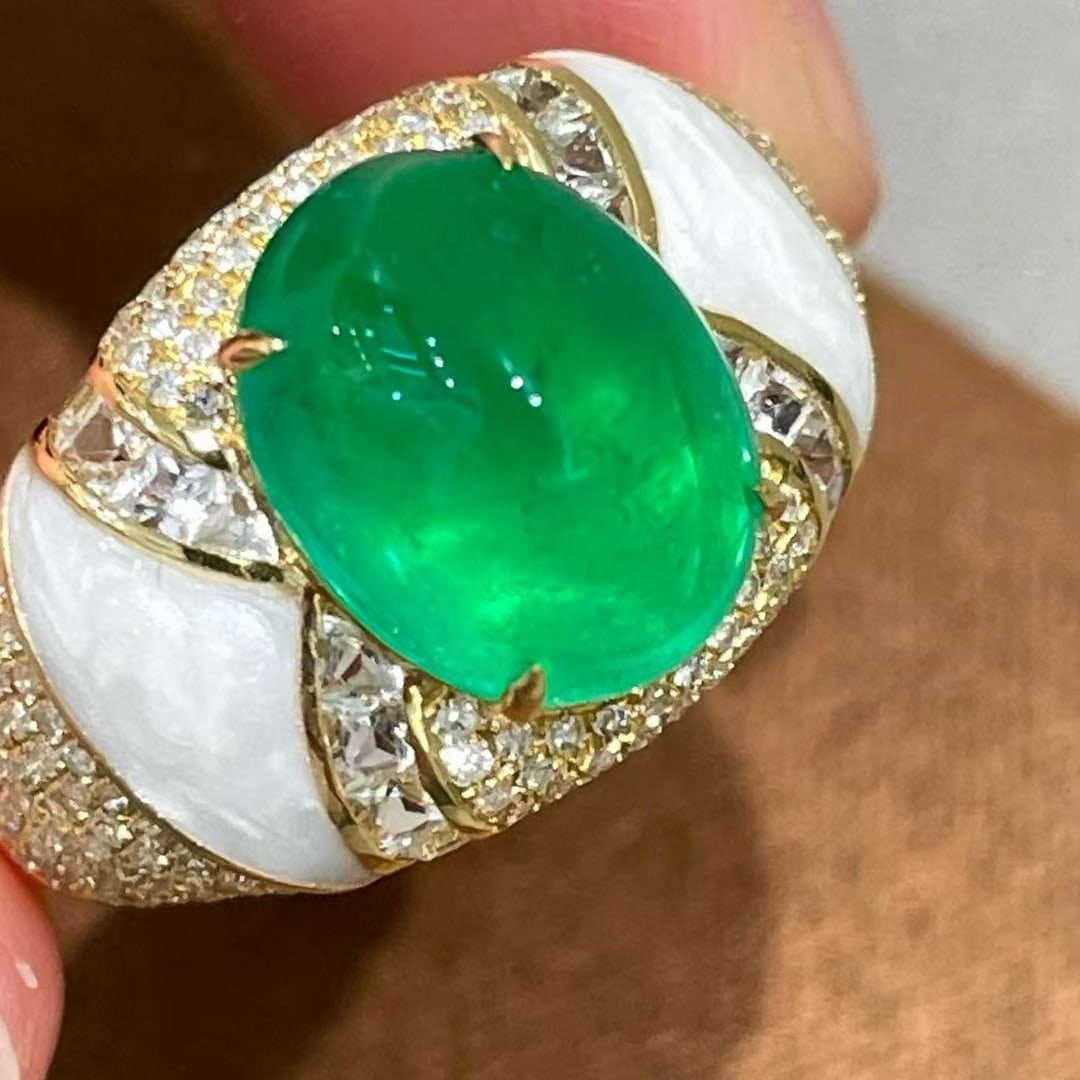 14k Gold 4.08 Ct Natural Emerald & Diamond & Sapphire & Pearl Shell Ring - 2
