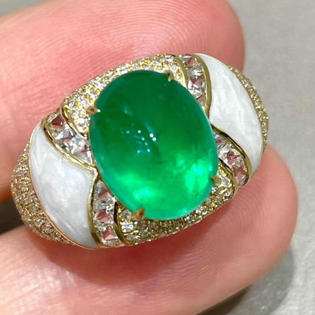 14k Gold 4.08 Ct Natural Emerald & Diamond & Sapphire & Pearl Shell Ring - 7
