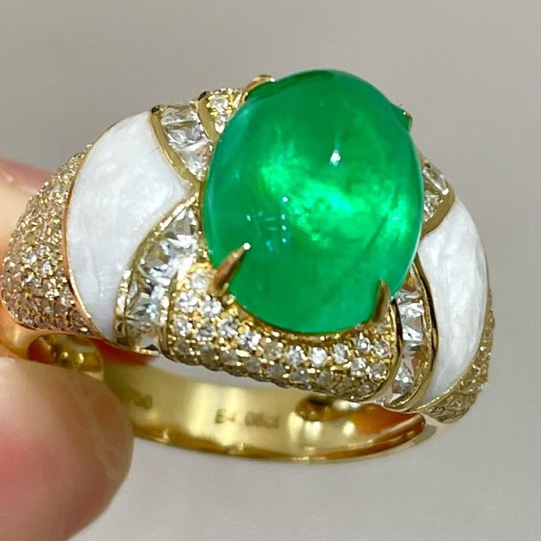 14k Gold 4.08 Ct Natural Emerald & Diamond & Sapphire & Pearl Shell Ring - 8