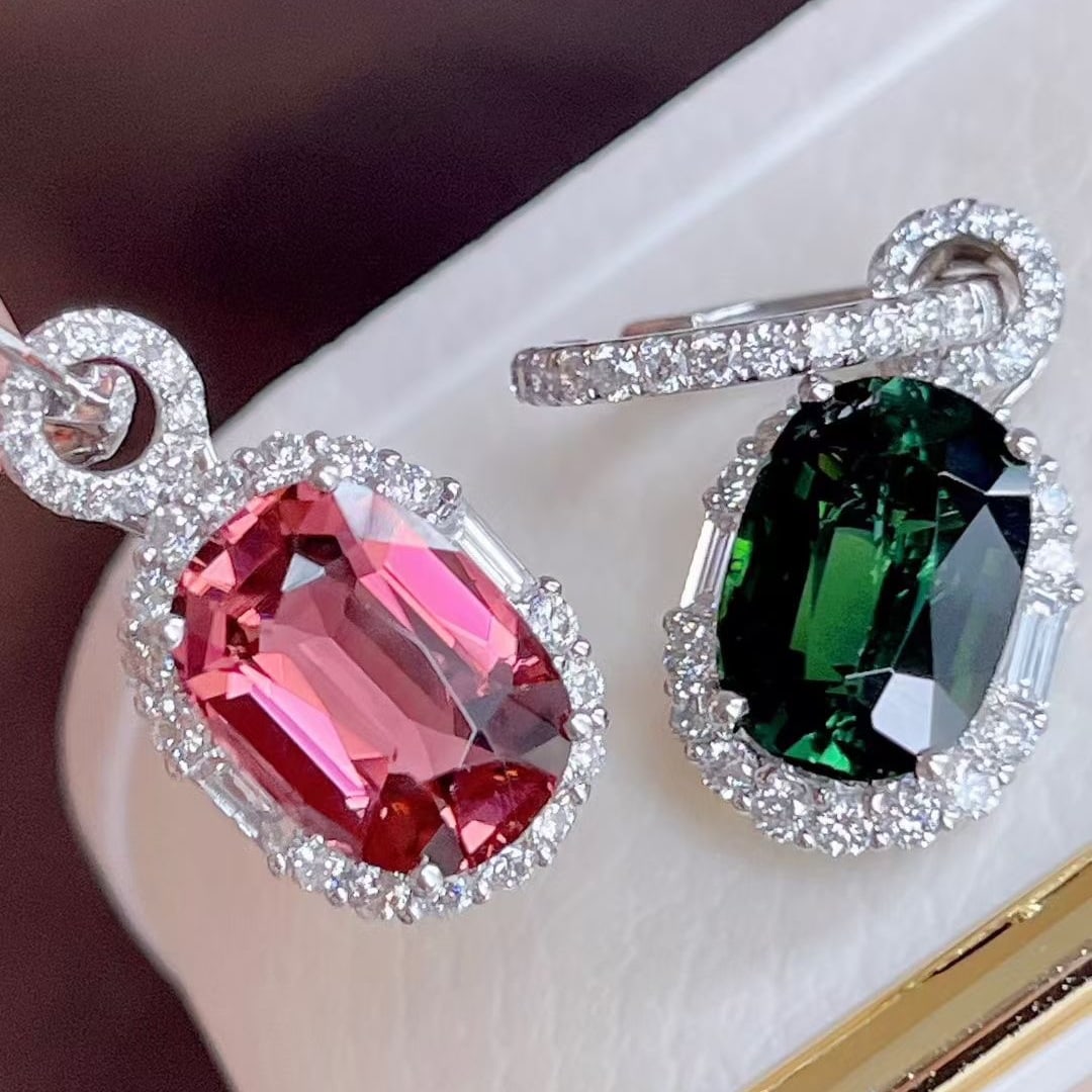 14k Gold 7.72 Ctw Natural Tourmaline & Diamond Earrings/pendant( Without Chain ) - 2