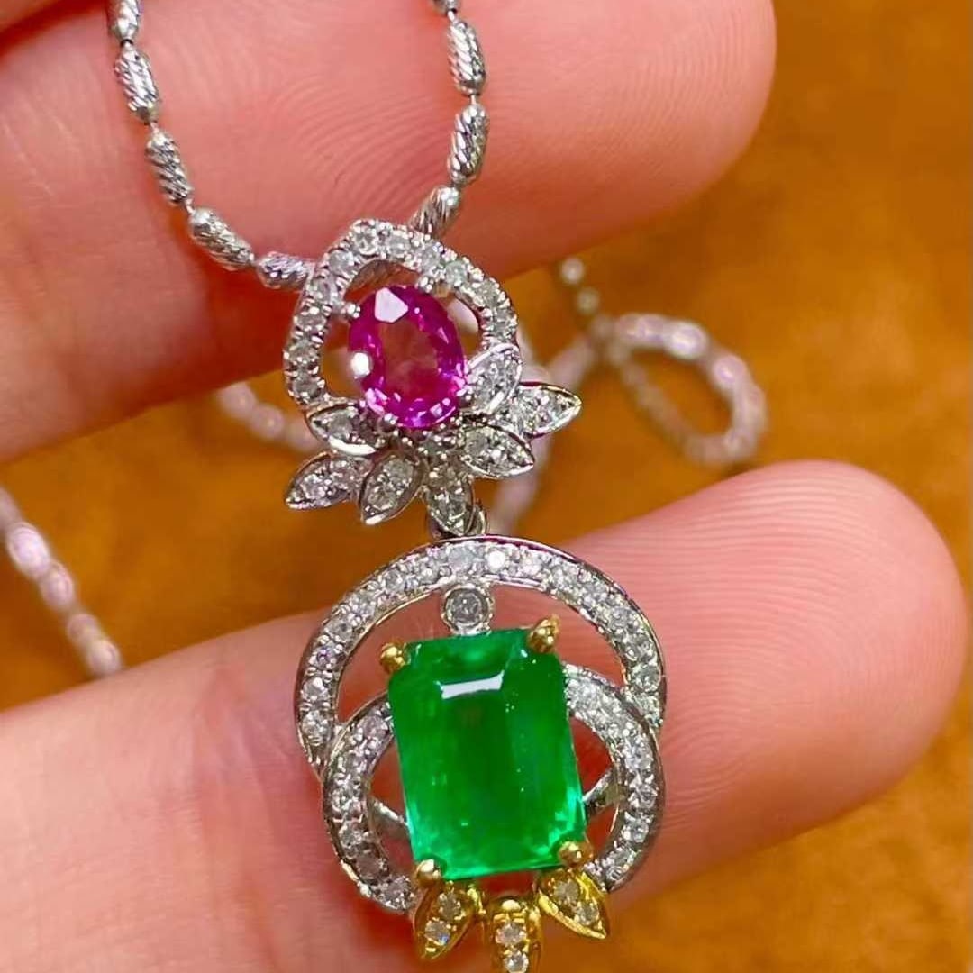 14k Gold 1.2 Ct Natural Emerald & Sapphire & Diamond Pendant( Without Chain ) - 2