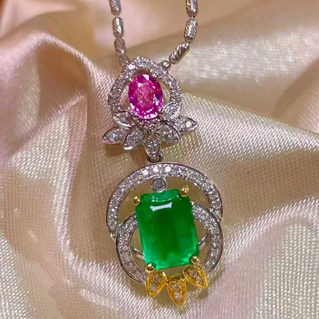 14k Gold 1.2 Ct Natural Emerald & Sapphire & Diamond Pendant( Without Chain ) - 3
