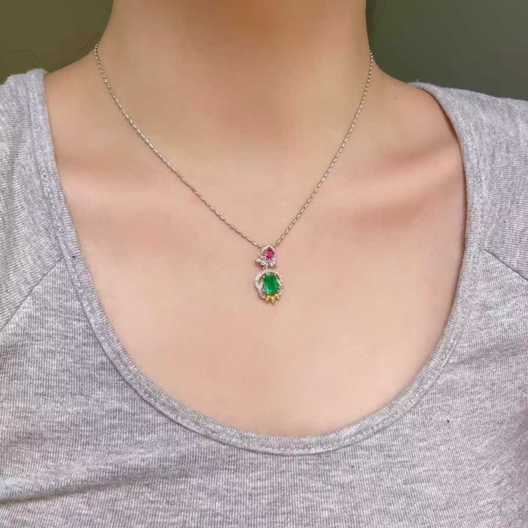 14k Gold 1.2 Ct Natural Emerald & Sapphire & Diamond Pendant( Without Chain ) - 4