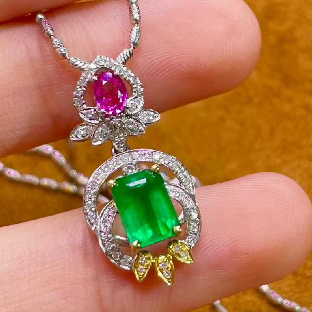 14k Gold 1.2 Ct Natural Emerald & Sapphire & Diamond Pendant( Without Chain ) - 5
