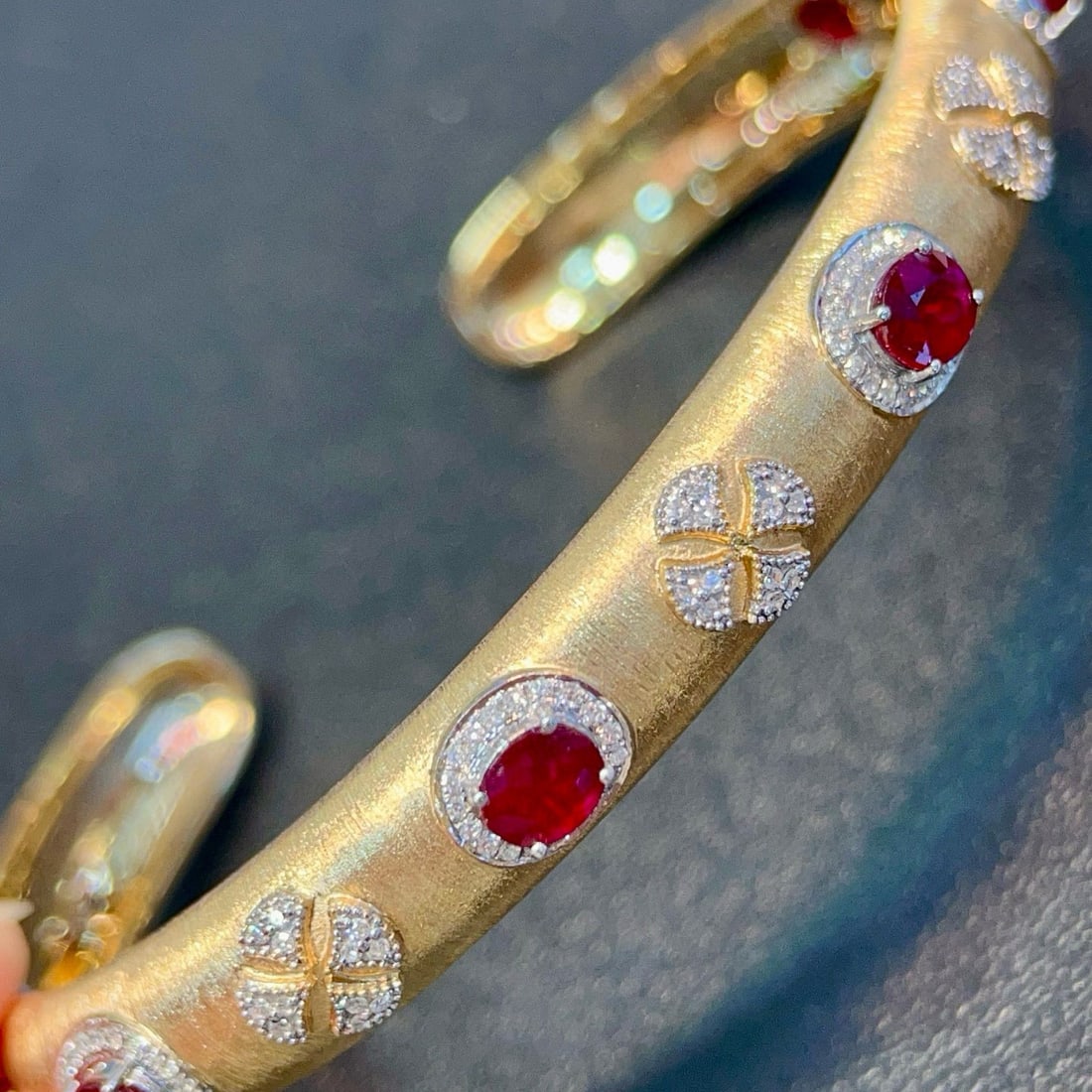 14k Gold 3.40 Ctw Natural Ruby & Diamond Bangle - 2
