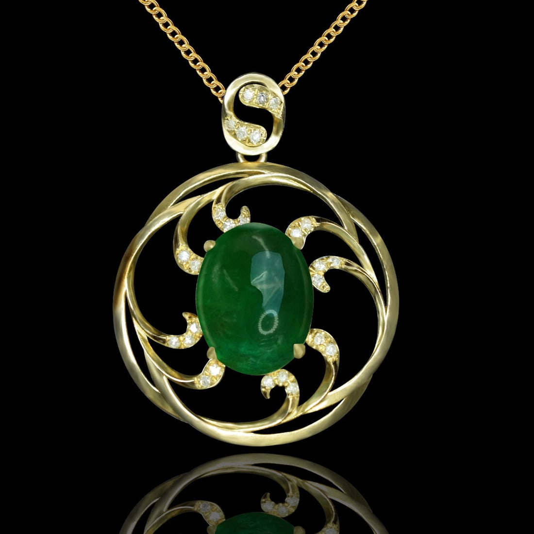 14k Gold 4.71 Ctw Vivid Green Natural Emerald & Diamond Pendant( Without Chain ): Ref:231046002 // gold content:14k gold // main gemstone:emerald // shape:oval // carat weight:4. 65ct // color:vivid green // treatment:natural // // adjacent gemstone 2 : diamond // number of