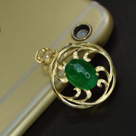 14k Gold 4.71 Ctw Vivid Green Natural Emerald & Diamond Pendant( Without Chain ) - 5