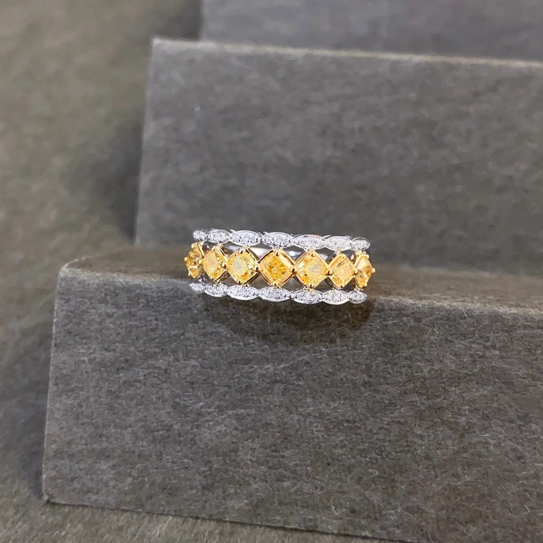 14k Gold 1.1 Ctw Natural Yellow Diamond & Diamond Ring: Ref:231046016 // gold content:14k gold // ring size:7. 25us // // main gemstone:yellow diamond // shape:cushion // carat weight:1ct // color:yellow // treatment:natural // // adjacent gemstone 2 :