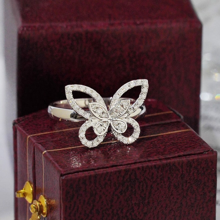 14k Gold 0.35 Ct Natural H Diamond & Butterfly Ring - 2