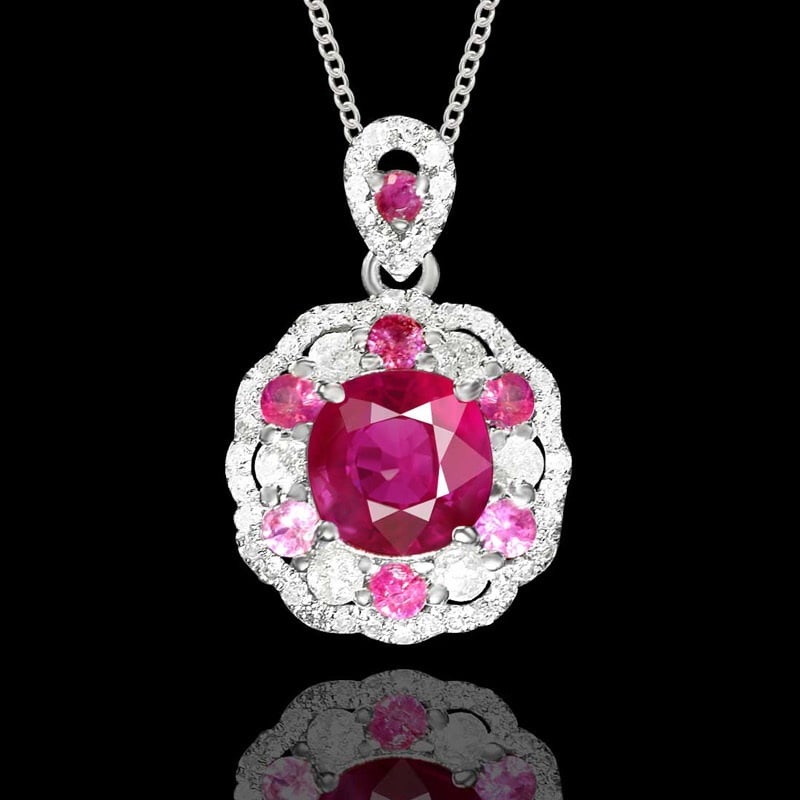 14k Gold 1.96 Ctw Natural Ruby & Diamond Pendant( Without Chain ): Ref:231046039 // gold content:14k gold // main gemstone:ruby // shape:cushion // carat weight:1. 67ct // color:red // treatment:natural // // adjacent gemstone 2 : diamond // shape:round // carat weig