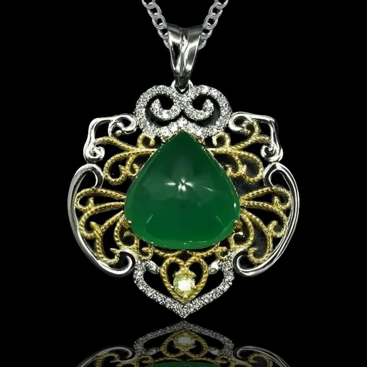 14k Gold 8.37 Ctw Natural Emerald & Diamond Pendant( Without Chain ): Ref:231046049 // gold content:14k gold // main gemstone:emerald // shape:pear // carat weight:8. 23ct // color:green // treatment:natural // // adjacent gemstone 2 : diamond // shape:round // carat
