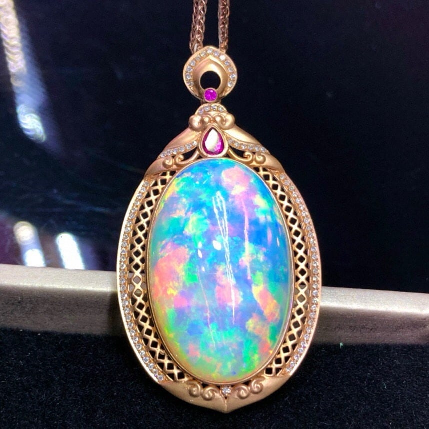 14k Gold 40.6 Ct Natural Opal & Diamond Pendant( Without Chain ) - 2