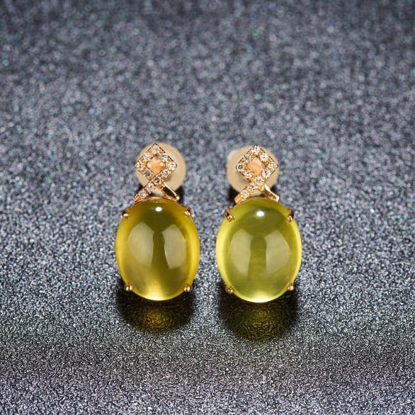 14k Gold 8.2 Ct Natural Prehnite & Diamond Earrings - 5
