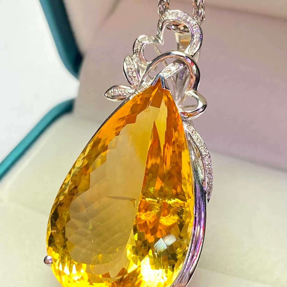 14k Gold 44.60 Ct Natural Citrine & Diamond Pendant( Without Chain ) - 4