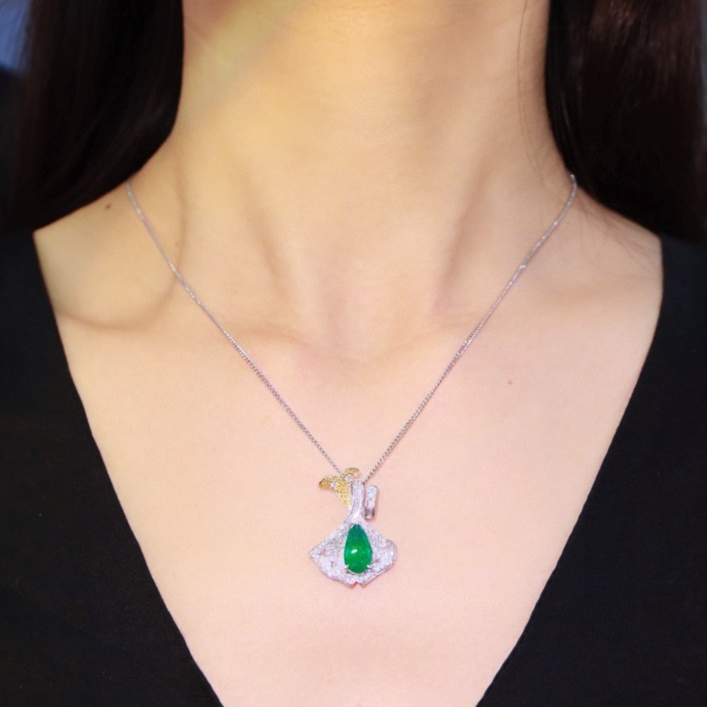 14k Gold 2.66 Ctw Vivid Green Natural Emerald & Diamond Pendant( Without Chain ) - 2