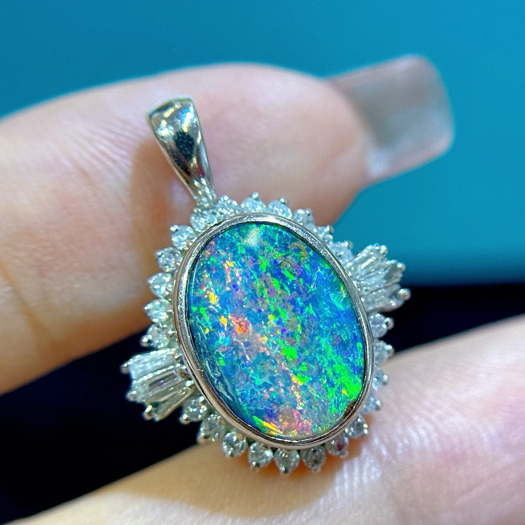 14k Gold 4.3 Ctw Natural Opal & Diamond Pendant( Without Chain ) - 2