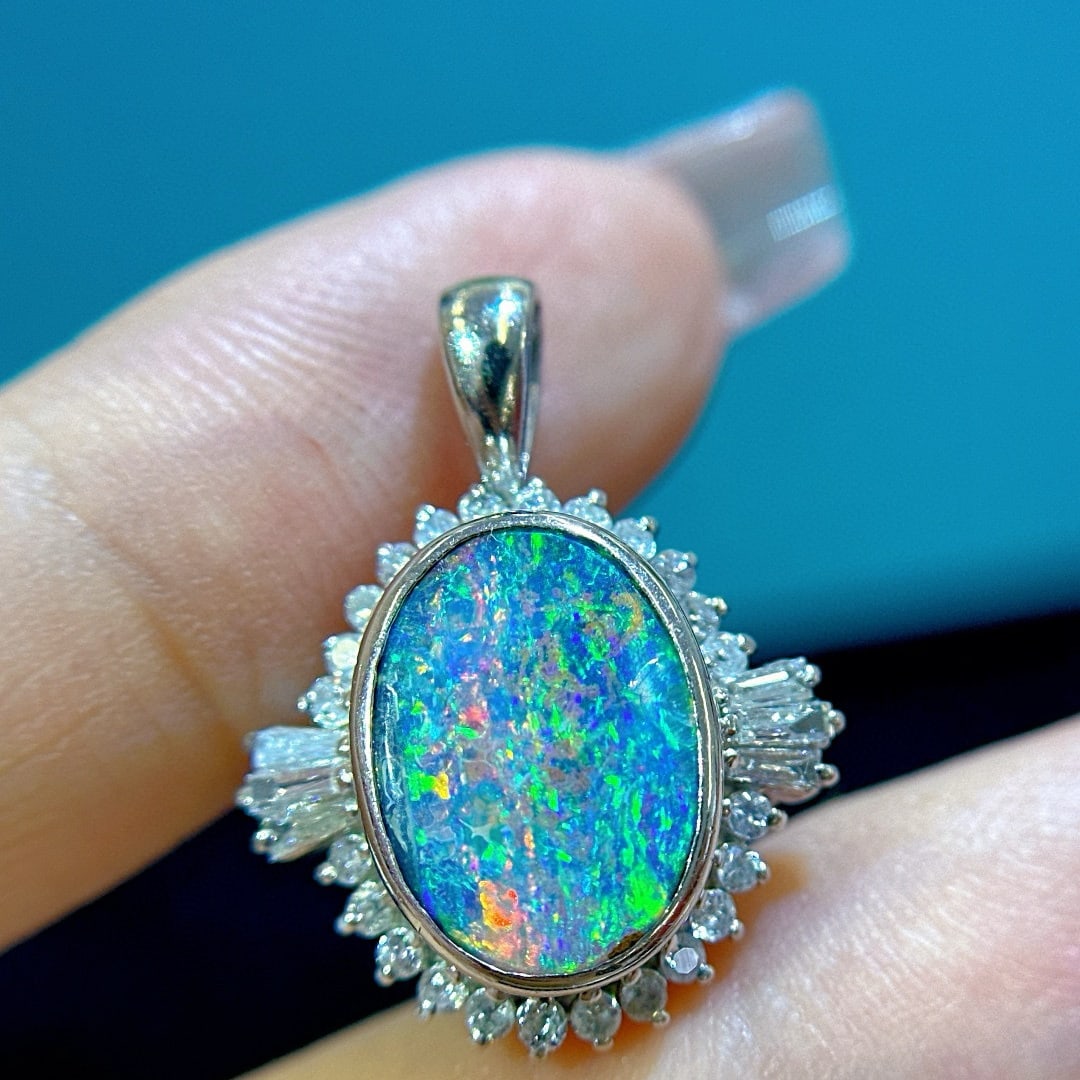 14k Gold 4.3 Ctw Natural Opal & Diamond Pendant( Without Chain ) - 4