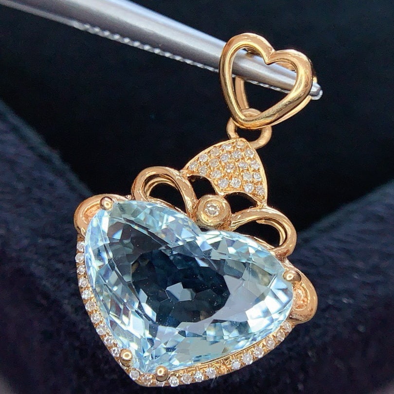 14k Gold 5.9 Ct Natural Aquamarine & Diamond Pendant( Without Chain ) - 3