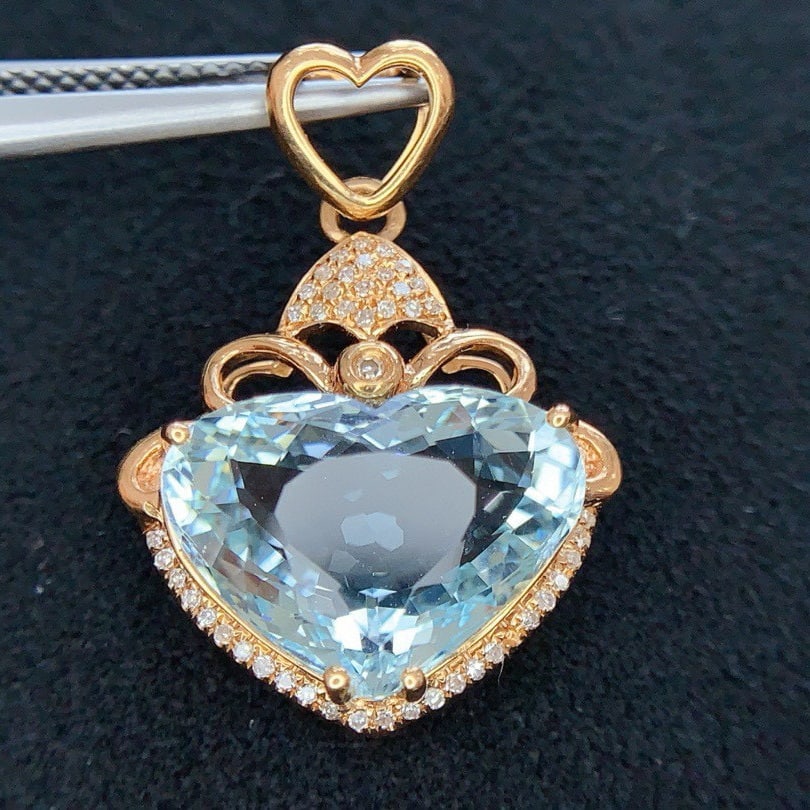 14k Gold 5.9 Ct Natural Aquamarine & Diamond Pendant( Without Chain ) - 5